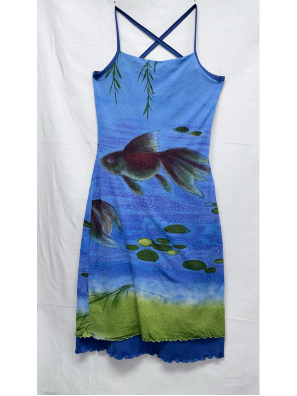 Women's Vintage 90's Vicky Vale Mini Dress Size 10 Blue Green Fish Print